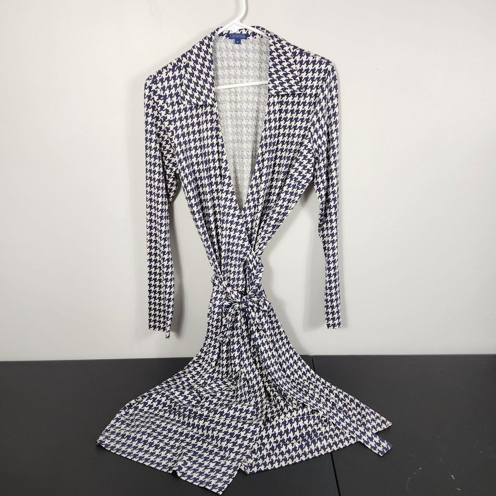 J. McLaughlin Silk Wrap Dress Navy Houndstooth Long Sleeve Preppy Coastal Size M